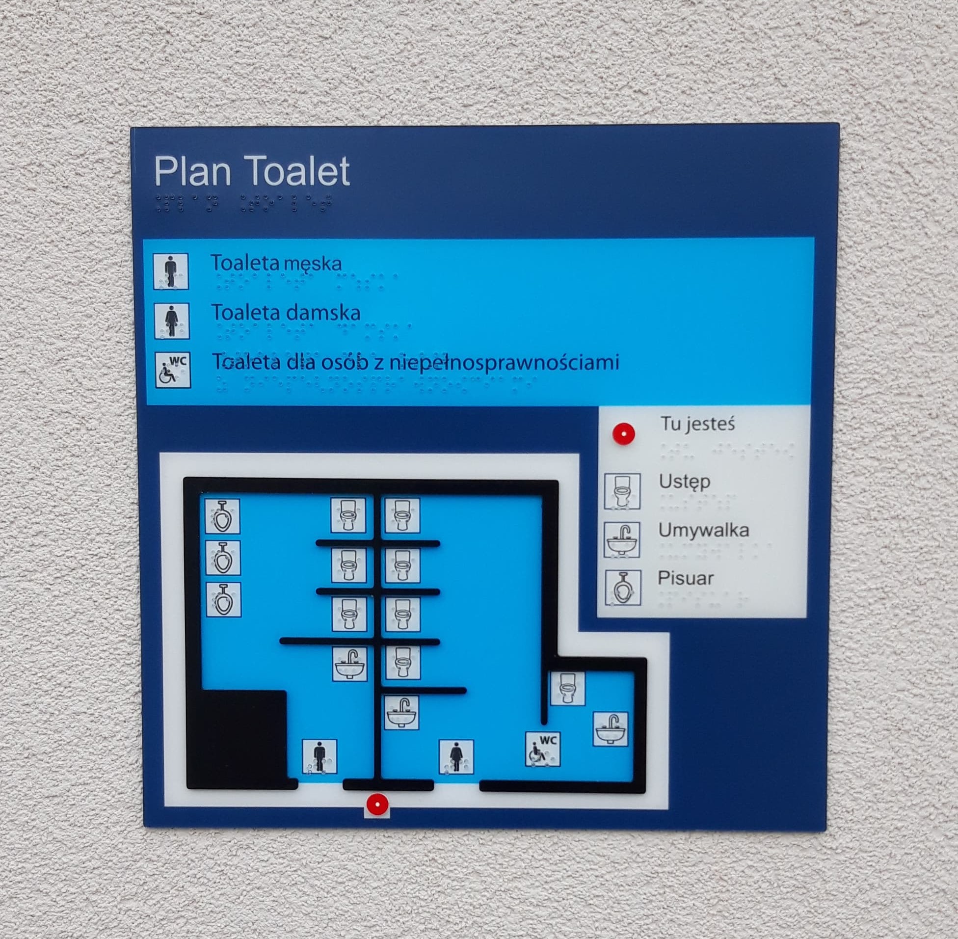 Tablica „Plan Toalet” z planem rozmieszczenia toalet męskiej, damskiej i dla osób z niepełnosprawnościami oraz oznaczeniami ustępów, umywalek i pisuarów, z napisami w Braille’u.