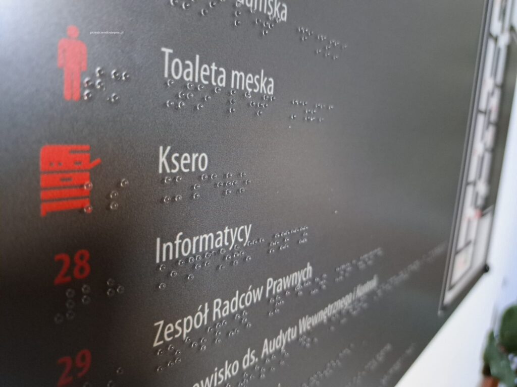 Tablica informacyjna z napisami w alfabecie Braille’a i oznaczeniami pomieszczeń.