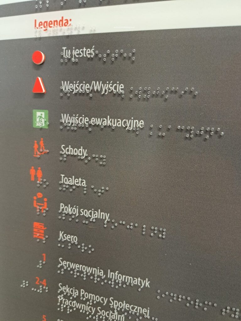 Zbliżenie na tablicę informacyjną z oznaczeniami pomieszczeń i wypukłymi napisami w alfabecie Braille’a.
